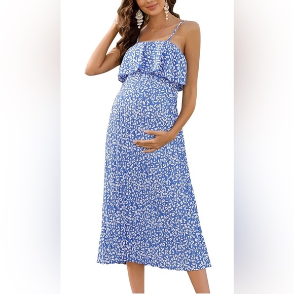 Womens Blue Floral Maxi Dress: Maternity, Wedding Guest, Vacation - Picture 4 of 6